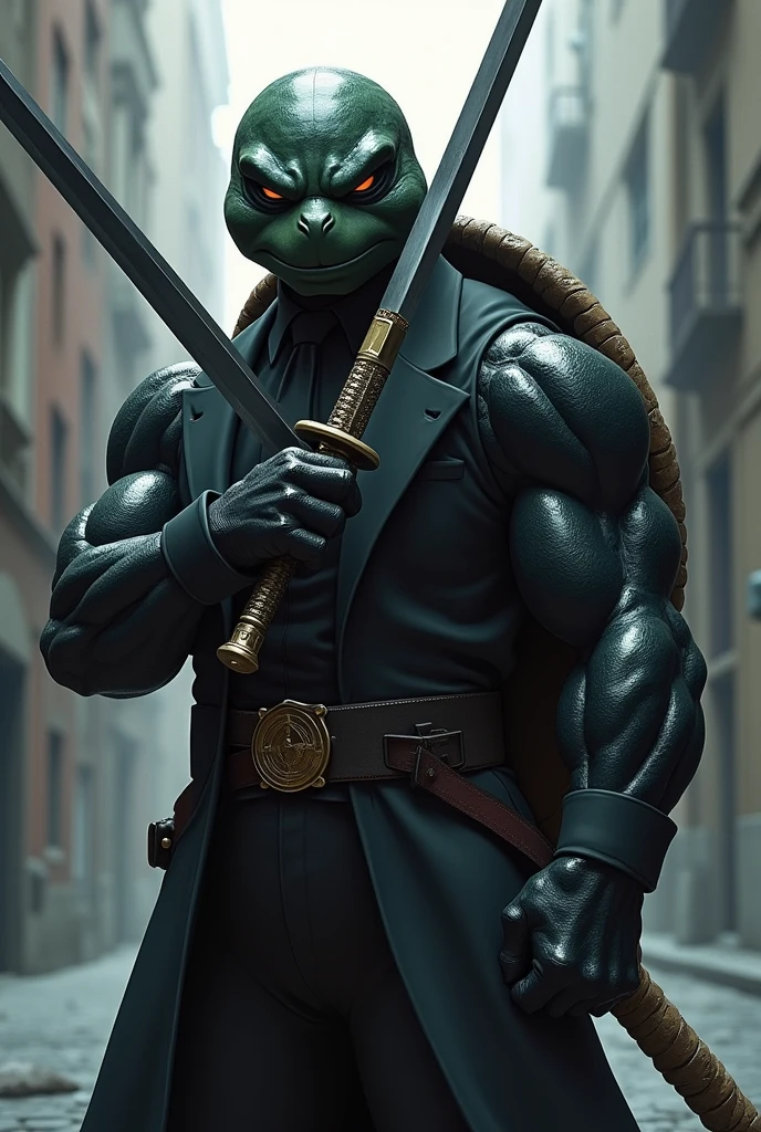 An anime turtle with two swords and a black suit