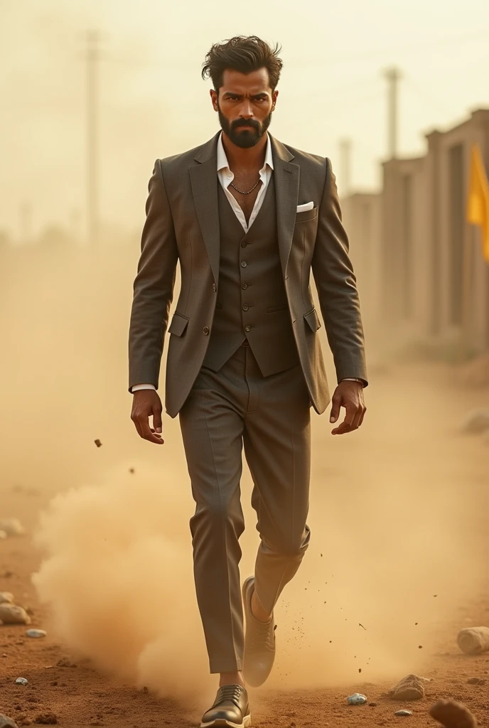 fotorrealist, 8k, RAW Photos, Premium quality,A young Indian man walking, with athletic body, dusty weather due to a storm, wearing a suit, 1987, India