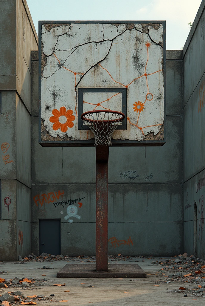 front view of a large basketball backboard half broken with graffiti