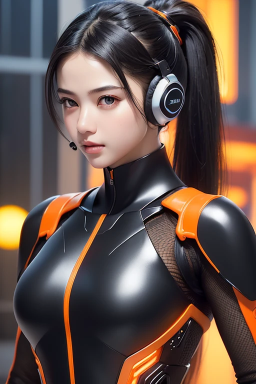 Top Quality, Masterpiece, Ultra High Resolution, (Photorealistic: 1.4), Raw Photo, 1 Girl, Black Hair, Glossy Skin, 1 Mechanical Girl, (((Ultra Realistic Details)), Portrait, Global Illumination, Shadows, Octane Rendering, 8K, Ultra Sharp, Intricate Ornaments Details, realistic skin, sweat effect, ((wearing Headphone)), very intricate detail, realistic light, CGSoation trend, brown eyes, glowing eyes, matte black and glossy orange mechanical bodysuit, Long hair, black hair, Ponytail hair, full body shot, spaceship bridge background, dynamic pose,