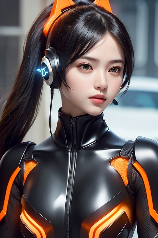 Top Quality, Masterpiece, Ultra High Resolution, (Photorealistic: 1.4), Raw Photo, 1 Girl, Black Hair, Glossy Skin, 1 Mechanical Girl, (((Ultra Realistic Details)), Portrait, Global Illumination, Shadows, Octane Rendering, 8K, Ultra Sharp, Intricate Ornaments Details, realistic skin, sweat effect, ((wearing Headphone)), very intricate detail, realistic light, CGSoation trend, brown eyes, glowing eyes, matte black and glossy orange mechanical bodysuit, Long hair, black hair, Ponytail hair, full body shot, spaceship bridge background, dynamic pose,