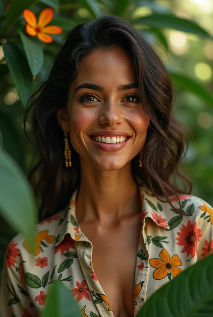 A Brazilian woman in a lush tropical garden, wearing an open shirt with a floral print, with a close-up capturing the harmonious beauty between her breasts and the natural flowers, showing off your natural charm and outgoing personality.