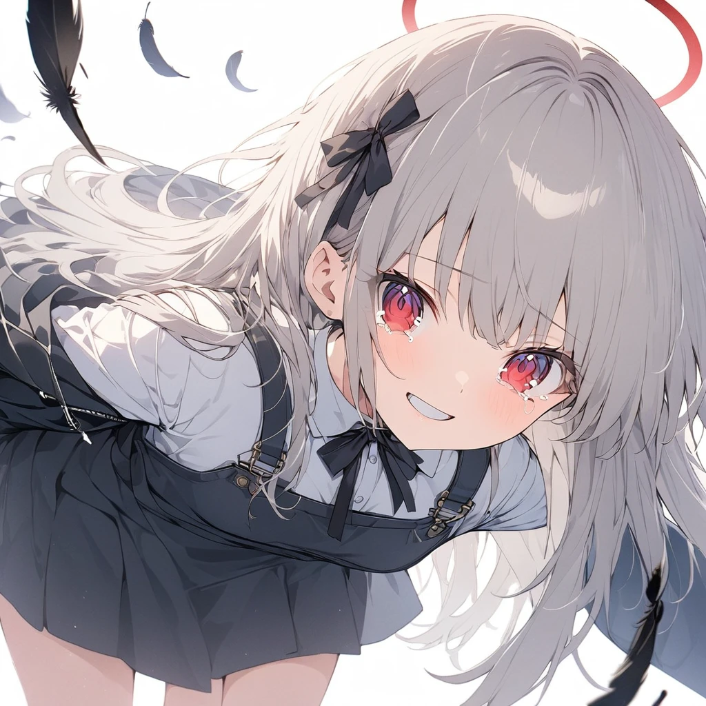 (((anime))) One standing angel,The angel has,Angel Halo,Black,A large, tattered black feather (Gray Hair),Long Hair,Blackの小さなリボン,Red Line (Red eyes),Tears,smile,A forced smile and a black coat on,The front is free,A worn out dress shirt,Black Ribbon,Navy blue mini skirt, hands spread out to the sides,Overall image White background,Small black feathers scattered all around,Blurred Masterpiece,Highest quality,Exquisite,8k,Absurd,Ultra-fine illustrations,(View your viewers)
