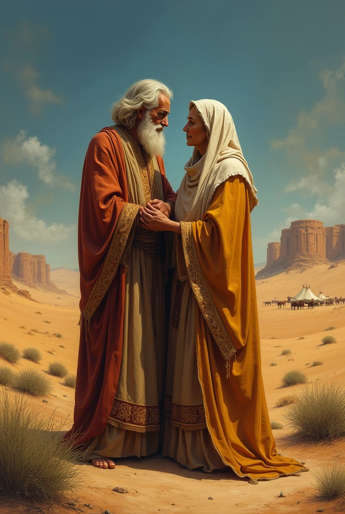 Biblical character Isaac and Rebekah, very old in the desert, rich