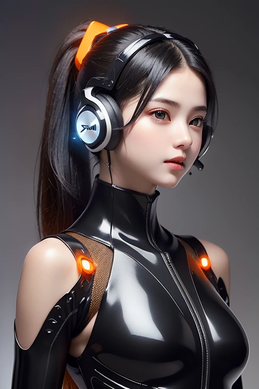 Top Quality, Masterpiece, Ultra High Resolution, (Photorealistic: 1.4), Raw Photo, 1 Girl, Black Hair, Glossy Skin, 1 Mechanical Girl, (((Ultra Realistic Details)), Portrait, Global Illumination, Shadows, Octane Rendering, 8K, Ultra Sharp, Intricate Ornaments Details, realistic skin, sweat effect, ((wearing Headphone)), very intricate detail, realistic light, CGSoation trend, brown eyes, glowing eyes, matte black and glossy orange mechanical bodysuit, Long hair, black hair, Ponytail hair, full body shot, spaceship bridge background, dynamic pose,