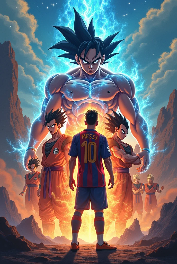 Generate an image of a painting of Messi and that this is also Dragon Ball Z