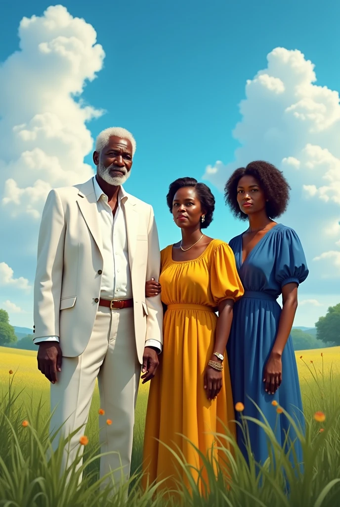 An old black man dressed in white, an old black woman dressed in dark yellow, a black woman dressed in red and a young black woman dressed in blue in a field with a beautiful sky 