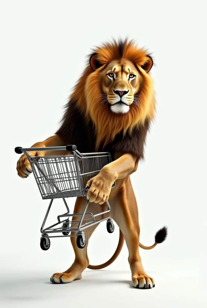 Alion with shopping cart on his arm with white background 
