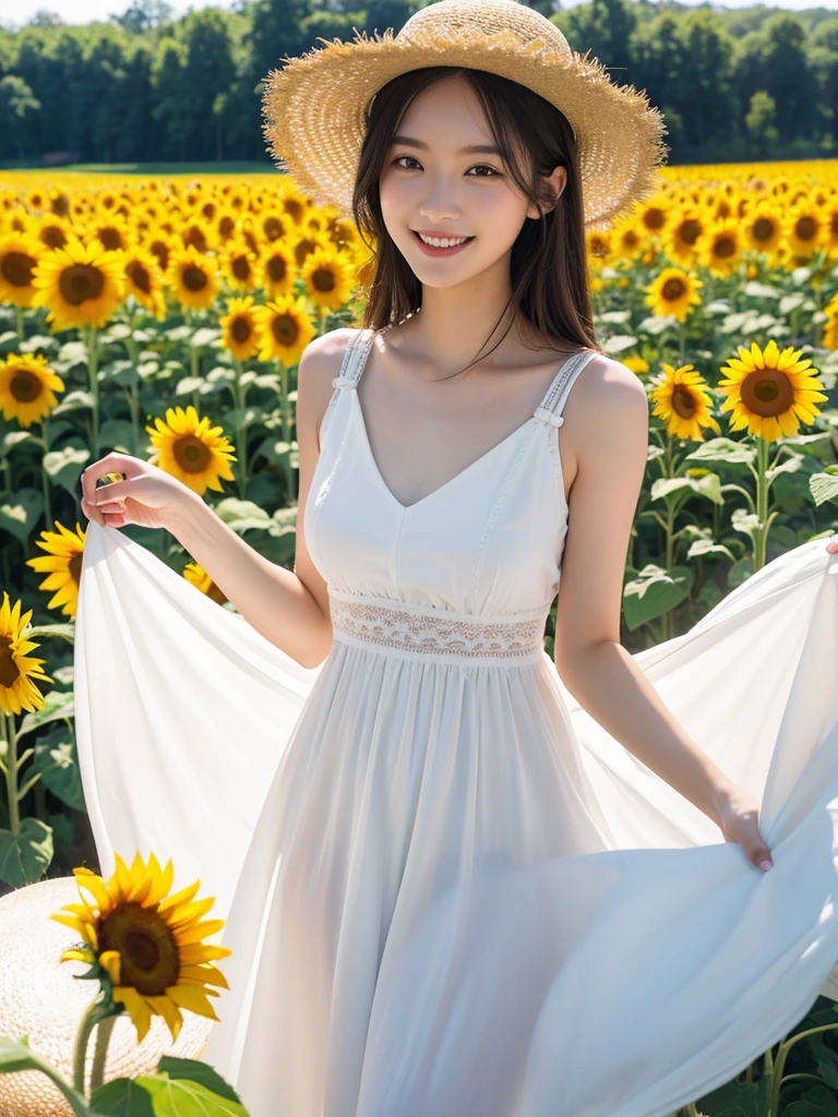One person, High resolution, smile, chest, Shortcuts,White dress,Sunflower field,Straw hat