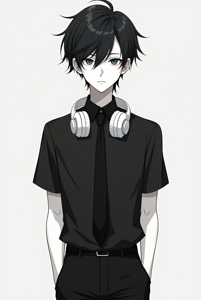 Anime boy with white skin , Black hair , white headphones , black t-shirt , with black tie , black pants