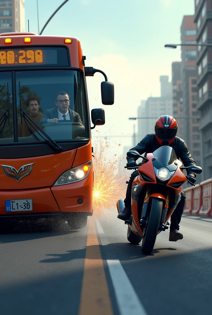 Try to generate image again, it's a crossover, the bus is coming in one direction, a motorcycle comes in the other lane of the street, this bike is coming straight, the bus is making a left turn, and at that moment he crashes head-on with the motorcycle. Make a picture of this accident, sends me.