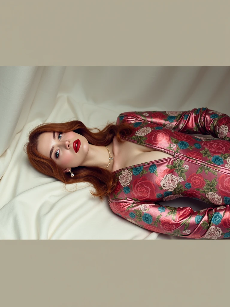 a woman with red hair, hyper-realistic skin, shiny/glossy, modern jewelry, gongbi, portraiture, dark teal and light gold, tropical landscapes, Face portrait photo oF a 21 Year-old German woman, .raw, beautiFul woman, half strawberry lips, strawberry lipstick, Fossettes, big breast, realistic legs, high heels, nostalgic look, detailed light brown eyes, great student, thin eyelashes, (Brown extra long blond hair), ((detailed Face)), ((detailed Facial Features and skin texture)), (Finely detailed skin), light brown skin, (Deep neckline detailing high-tech cyberpunk dress), Cyberpunk big city environment, (cold colors), moist, moist, reFlections, (masterpiece) (height ratio / perfect width) (photo realist) (best quality) (detailed) Shot with Canon EOS R5, ObjectiF 50mm, F/2.8, human development report, (8k) (wallpaper) (light) (Dramatic Light) (sharp focus) (complicated), sharp details, skin detail sharpness,