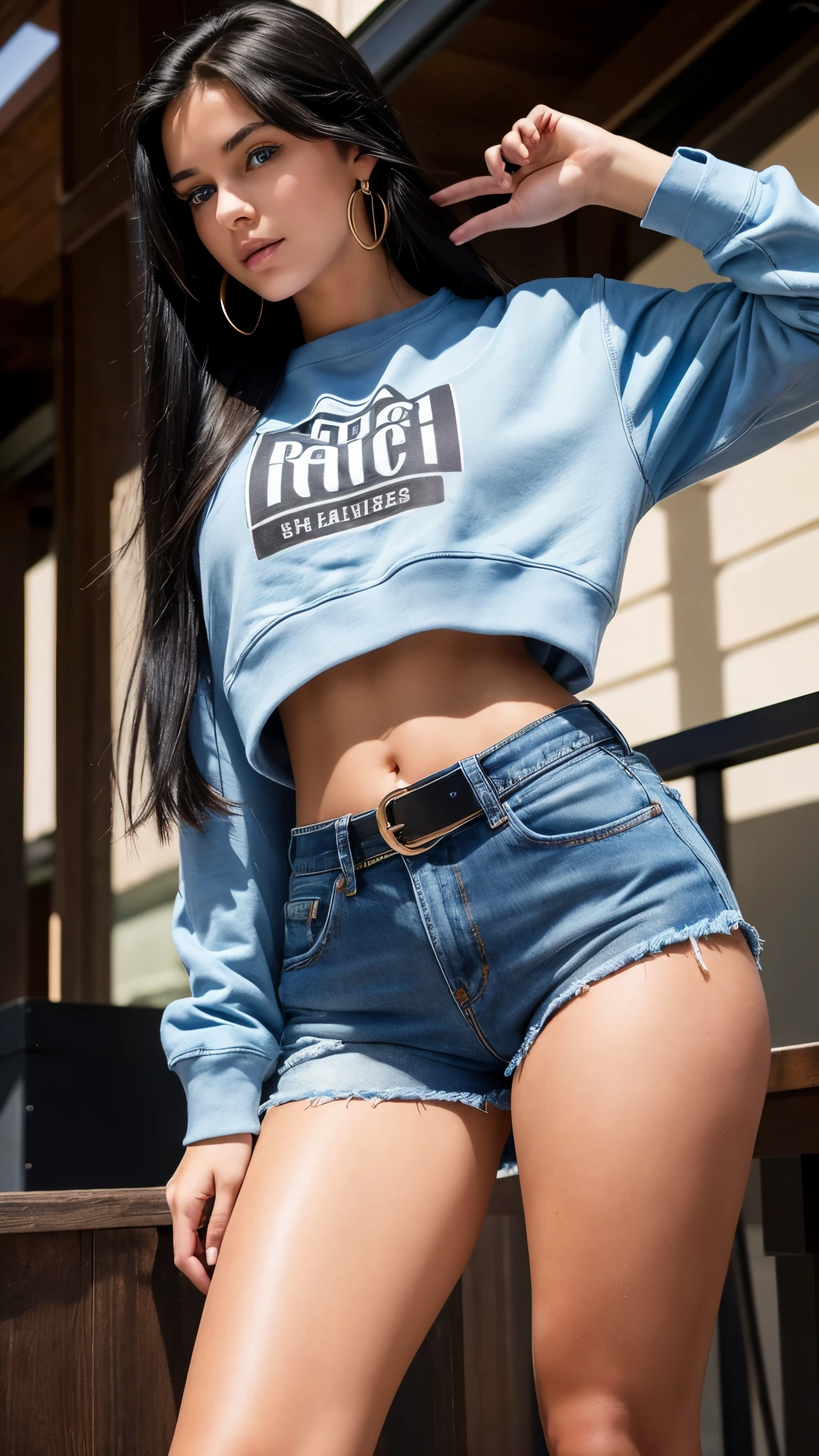 Beautiful 18-year-old brunette girl with fair skin, blue eyes, long straight black hair, wearing earrings, wearing a sweatshirt and short high-waisted denim shorts with a belt and showing the T-shaped belly button of her thick legs