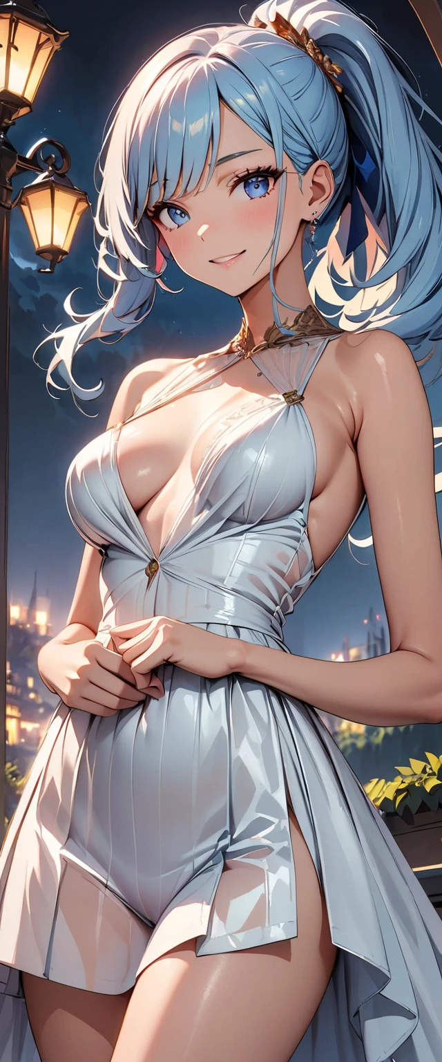 (Highest quality:1.2, Attention to detail, masterpiece:1.2, Best aesthetics), (1 person), Cowboy Shot, (Light blue hair, ponytail, Asymmetrical bangs, Bright Blue Eyes), 美しいAttention to detail目, Beautiful lip detail, Highly detailed face, Detailed Fashion, elegant, luxury, High quality fabric, Shine, Shine, smile, Random Pause, Dutch Angle, wilderness, night, Dramatic lighting, Cinematic, Bright colors, Intricate details, Chiaroscuro lighting, See-through sexy dress Tight dress