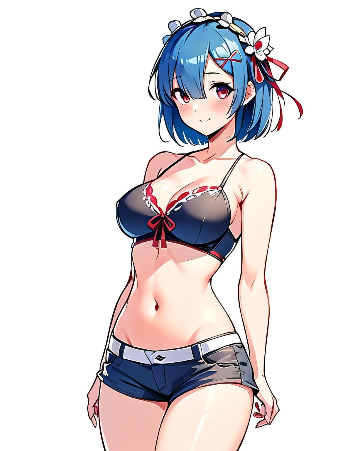 all realistic intricate details, masterpiece, best quality, highres, rem1, 1girl, solo, rem \(re:zero\), blue hair, short hair, red eyes, hair over one eye, ribbon trim, hair ribbon, x hair ornament, frills, crop top white, denim shorts,medium breasts, cleavage, sedection pose , hair flower, outdoor, standing, smile, perfect background, perfect light