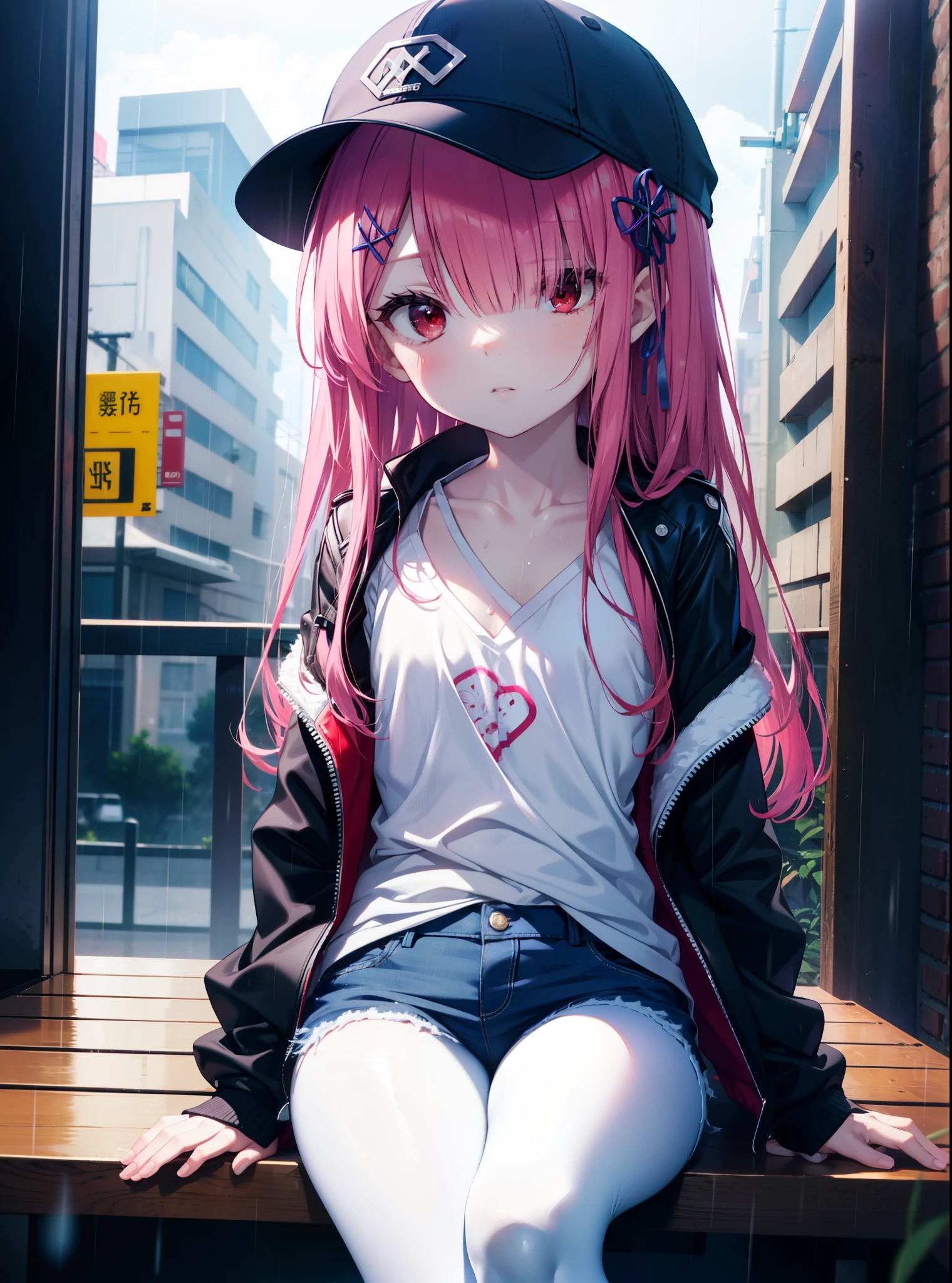 rezeroRam, Ram, Hair Flower, hair ornaments, Hair on one eye, Pink Hair, (Red eyes:1.5), Long Hair, x hair ornaments, bangs,Baseball cap, (Flat Chest:1.2),Riders jacket　Front opening,Blue V-neck T-shirt,mini skirt,White tights,short boots,sitting leaning against the wall,rain,cloudy,Hide under the roof,whole bodyがイラストに入るように,
break outdoors, alley,
break looking at viewer, whole body,
break (masterpiece:1.2), Highest quality, High resolution, unity 8k wallpaper, (figure:0.8), (Beautiful attention to detail:1.6), Highly detailed face, Perfect lighting, Highly detailed CG, (Perfect hands, Perfect Anatomy),