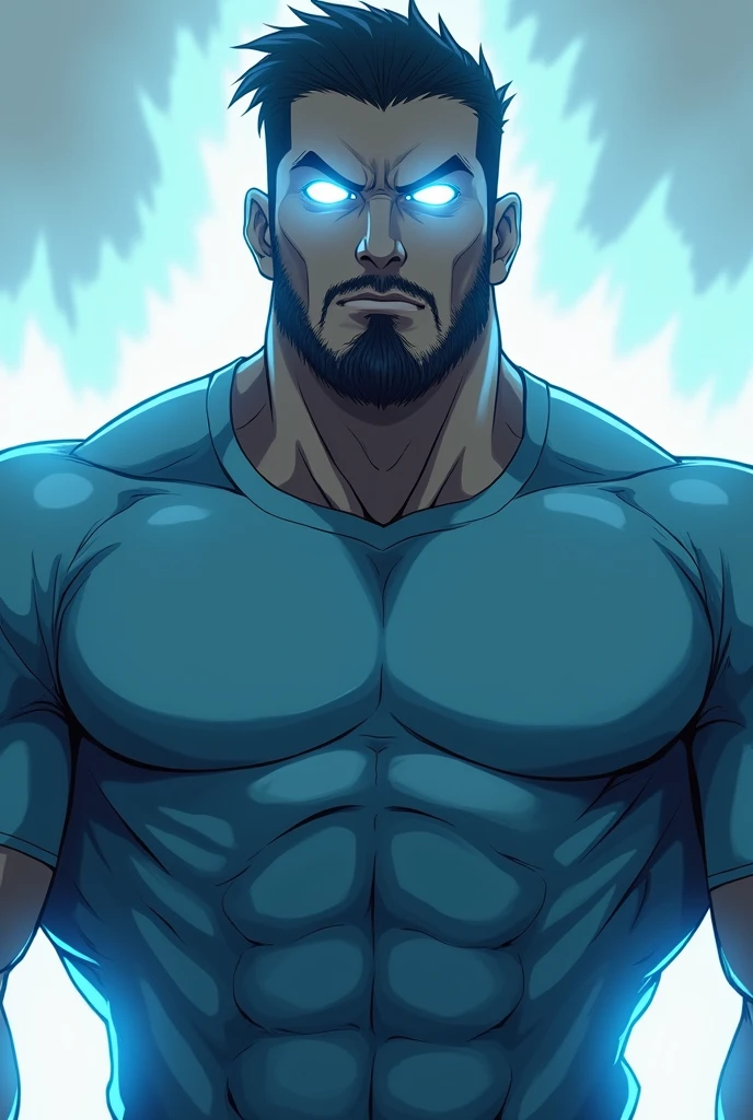 Steve from Minecraft with glowing white eyes dadass , your muscular body , with a light blue anime style shirt, with a shallow beard