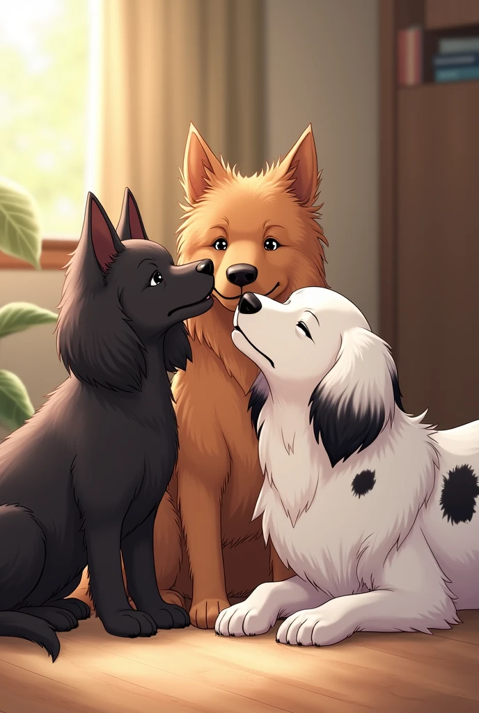 Raise two female dogs, one black and one brown, short hair Another white with black spots, long hair Be faithful to the descriptions