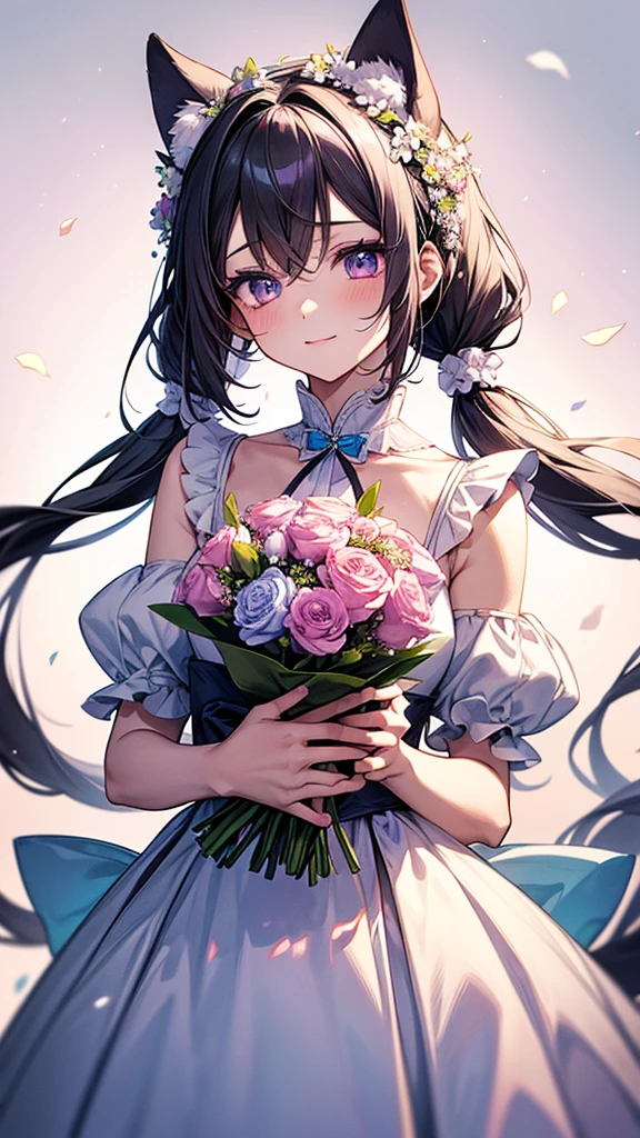 Create images based on super detailed prompts。Three anime style girls drawn、Beautifully detailed illustrations。Each character has animal ears.、It stands out with its unique color palette and personality.。The girls are close together、She has a bright smile and is holding a colorful bouquet of flowers.。The girl on the left has pink hair tied in twin tails.、In a soft pastel palette、It has large, expressive pink eyes.。She wears a delicate crown、She is wearing a frilly white dress with blue ribbons。The girl in the center has snow-white hair and bright blue eyes.、Also wearing a flower crown、She is wearing a dress with light blue accents。The one on the right has long black hair with purple highlights.、With deep purple eyes、She wears floral accessories to match her elegant dress.。The dress features black and white details。The background is bright、Soft pastel colored confetti falling、It creates a festive atmosphere。The overall aesthetic is bright、Cheerful、Dreamy and、The focus is on color harmony and the cute expressions of the characters.。