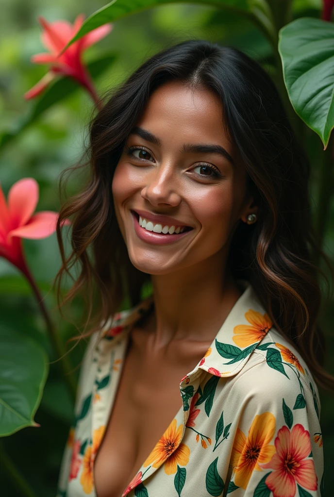 A Brazilian woman in a lush tropical garden, wearing an open shirt with a floral print, with a close-up capturing the harmonious beauty between her breasts and the natural flowers, showing off your natural charm and outgoing personality.