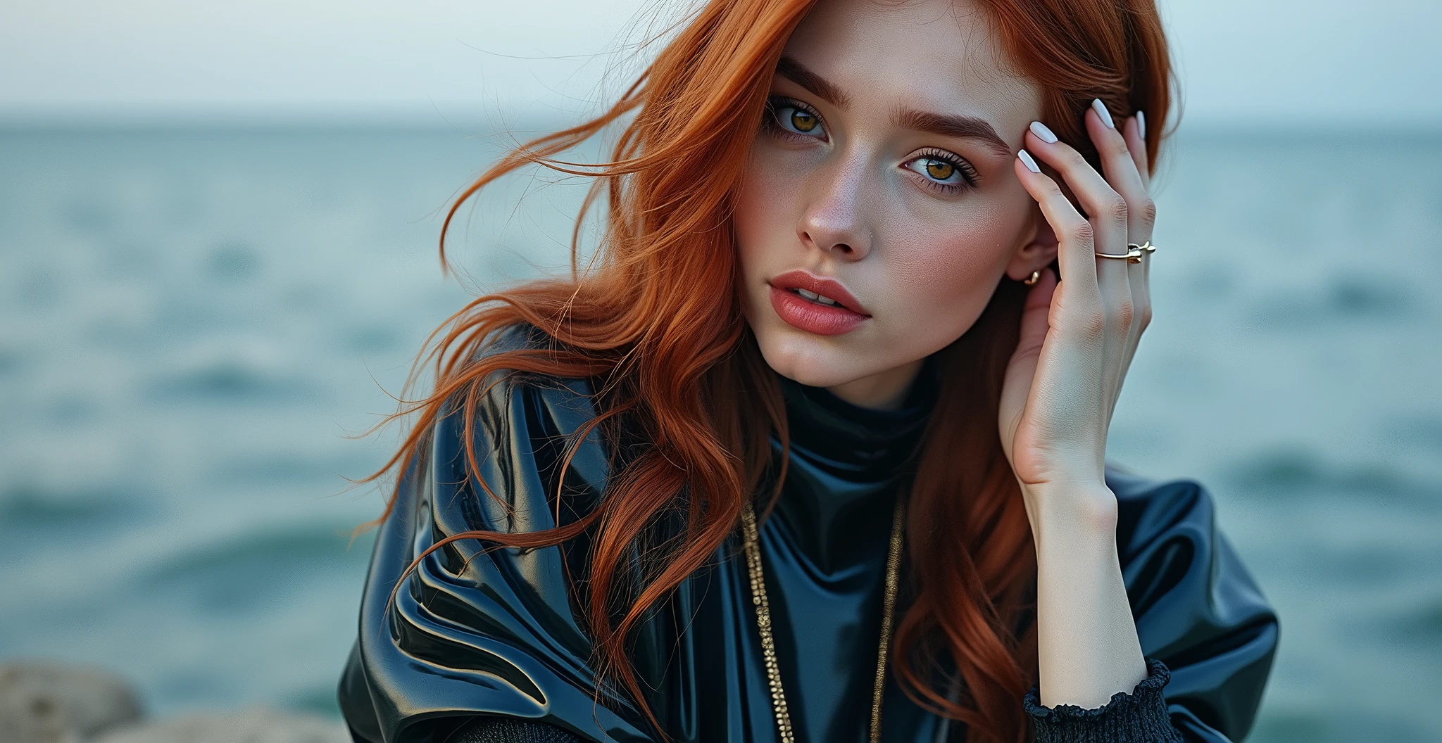 a woman with red hair, hyper-realistic skin, shiny/glossy, modern jewelry, gongbi, portraiture, dark teal and light gold, tropical landscapes, Face portrait photo oF a 21 Year-old German woman, .raw, beautiFul woman, half strawberry lips, strawberry lipstick, Fossettes, big breast, realistic legs, high heels, nostalgic look, detailed light brown eyes, great student, thin eyelashes, (Brown extra long blond hair), ((detailed Face)), ((detailed Facial Features and skin texture)), (Finely detailed skin), light brown skin, (Deep neckline detailing high-tech cyberpunk dress), Cyberpunk big city environment, (cold colors), moist, moist, reFlections, (masterpiece) (height ratio / perfect width) (photo realist) (best quality) (detailed) Shot with Canon EOS R5, ObjectiF 50mm, F/2.8, human development report, (8k) (wallpaper) (light) (Dramatic Light) (sharp focus) (complicated), sharp details, skin detail sharpness,