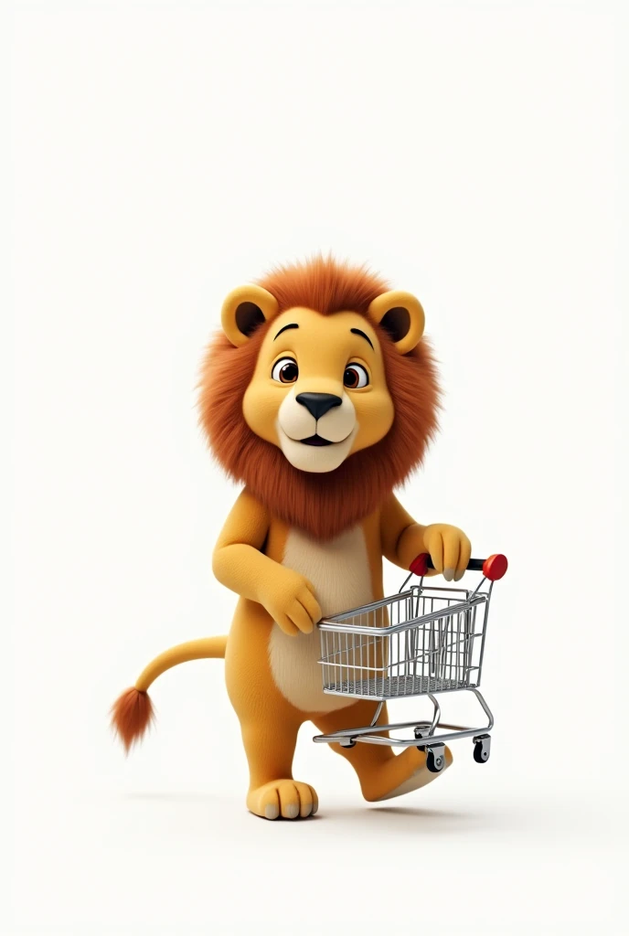 Asmall lion with shopping cart on his arm with white background 
