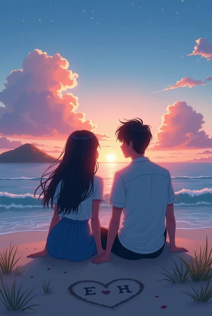 Style anime ky anime. by makoto shinkai, Rhads and Lois Van Baarle, makoto shinkai cyril rolando! crepusculo couple (man and woman) of young people in love sitting on the seashore, view from behind, serene sky, in the sand a heart drawn with initial letters marked in the sand "E" and "H" in the middle of the heart