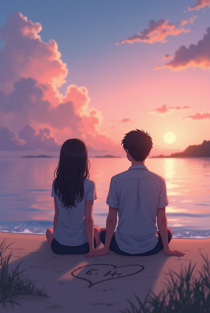  Style anime ky anime. by makoto shinkai, Rhads and Lois Van Baarle, makoto shinkai cyril rolando!  crepusculo  couple (man and woman) of young people in love sitting on the seashore, view from behind, serene sky, in the sand a heart drawn with initial letters marked in the sand "E" and "H" in the middle of the heart