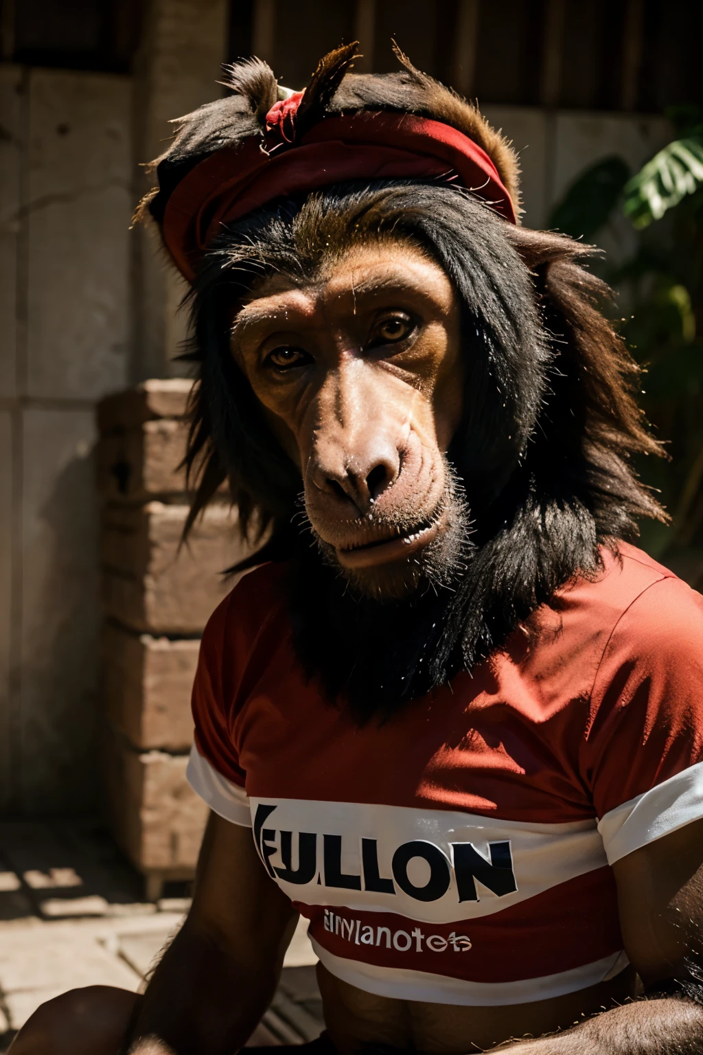 A RED-ASSED MANDRILL WEARING A FLAMENGO SHIRT