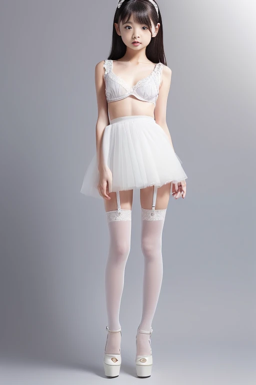 (Japanese girls are very slim, Firm and small breasts, Thin waist, very cute, baby face.:1.5),((Full body portrait:1.5)),The waist is narrow,Pure white transparent tight mini skirt underwear, Lace gloves, high heels and garters,Frightened expression,Standing with empty hands,The eyes are looking for somewhere,From a distance:1.5