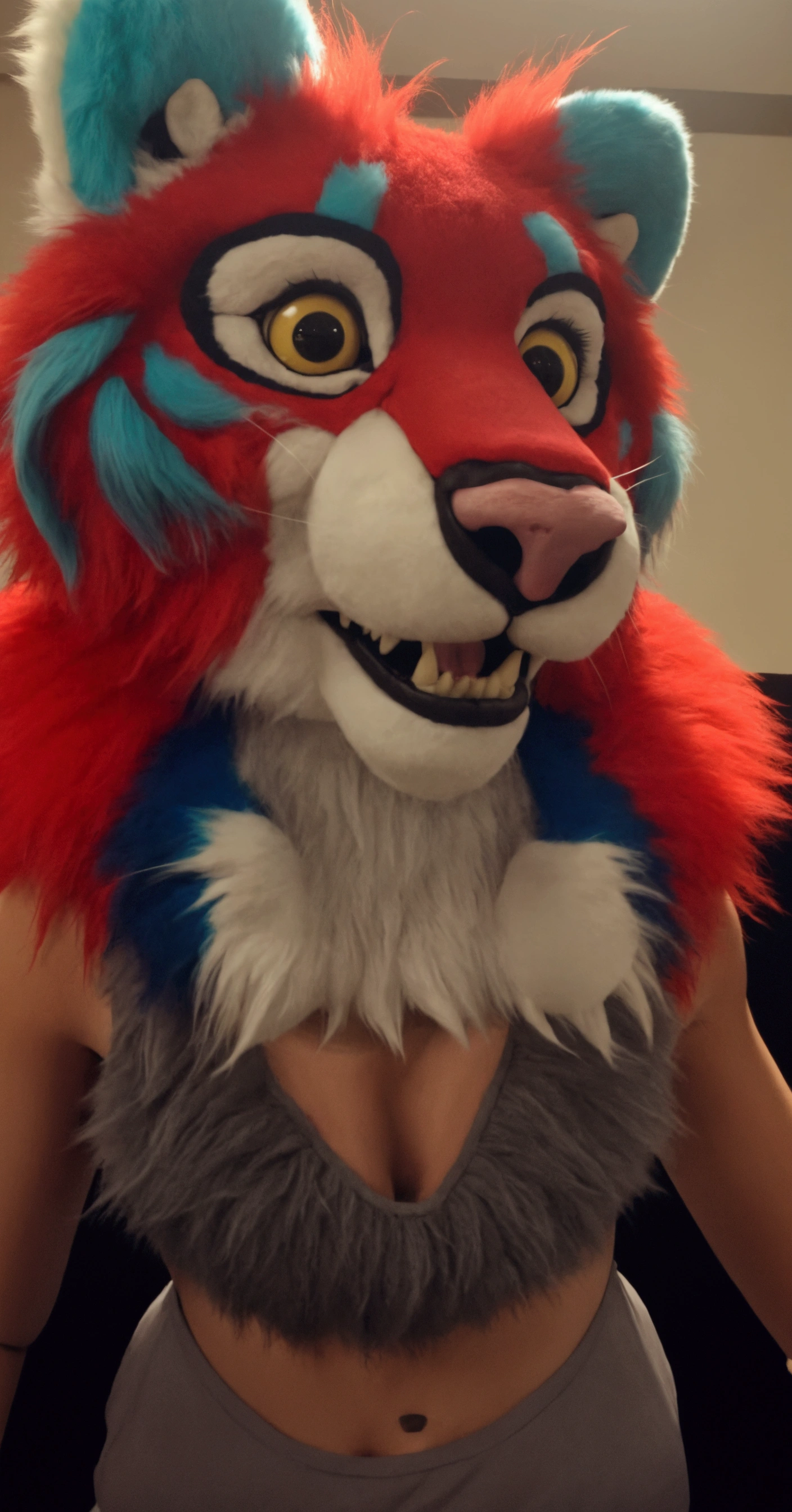 araffe wearing a red and blue costume with a big smile on her face, thick furry neck and chest fluff, fursuit, fursuit!!!!, furry chest, 4 k hd fur face!!!, headshot of young female furry, furry character, furry fursona, pov furry art, furry body, the furry fursuit is running, fursona!!!!, furry shot, sabertooth, saber tooth