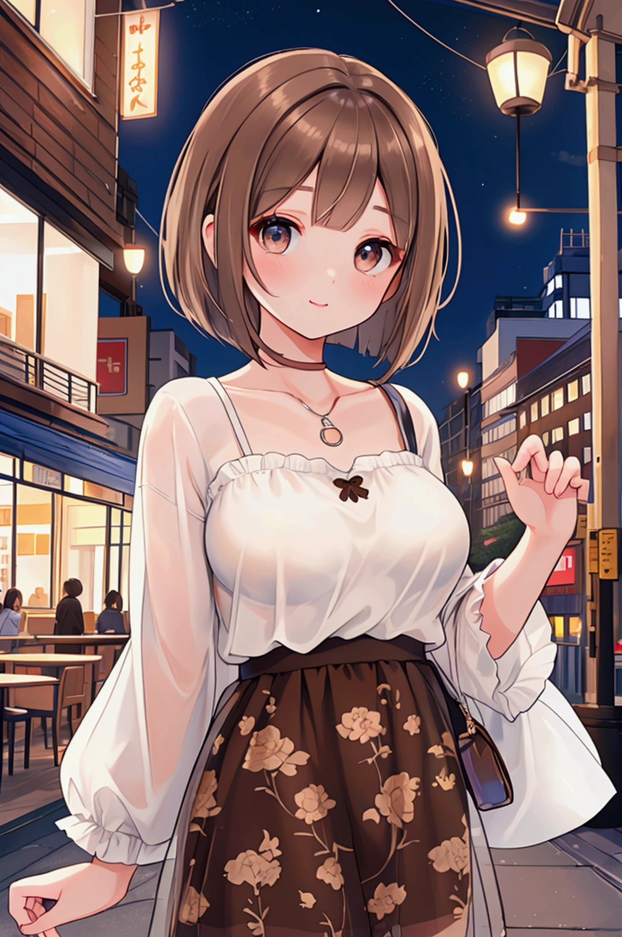 Photorealistic、Highest quality、Highest Resolution、Highest quality、16Ｋ、1 beautiful adult woman、Cute face、Delicate face、Bob cut hair、Ash brown hair color、Brown eyes、Delicate eyes、Beautiful Eyes、Beautiful breasts、Big Breasts、Casual clothing、City of night、