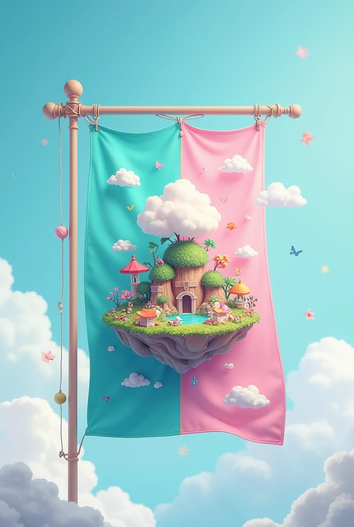 Flag with turquoise color and the other half pastel pink and in the center an animated island 