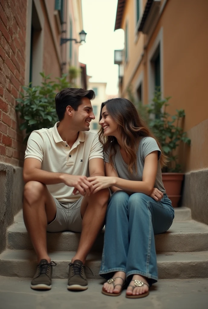 A couple sitting on some stairs in an alley,  The boy is wearing a Portuguese polo shirt and shorts and the girl is wearing bell-bottoms and a grey t-shirt.

