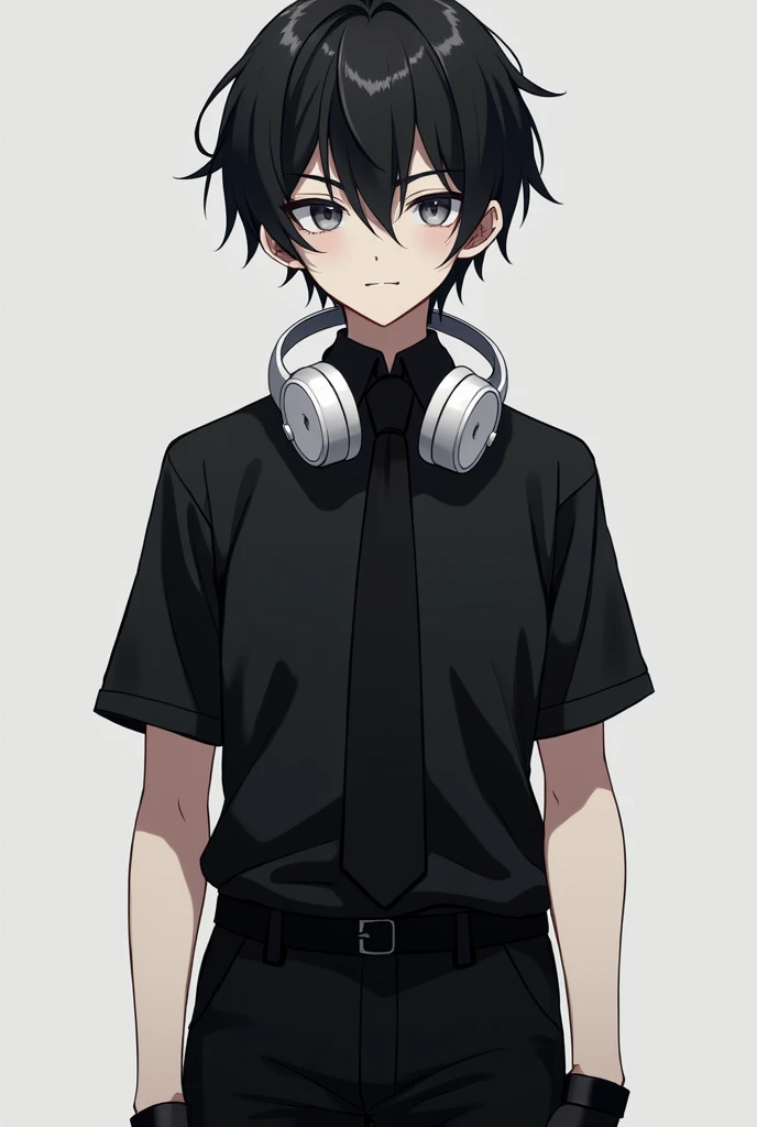 Anime boy with white skin , Black hair , white headphones , black t-shirt , with black tie , black pants and black gloves