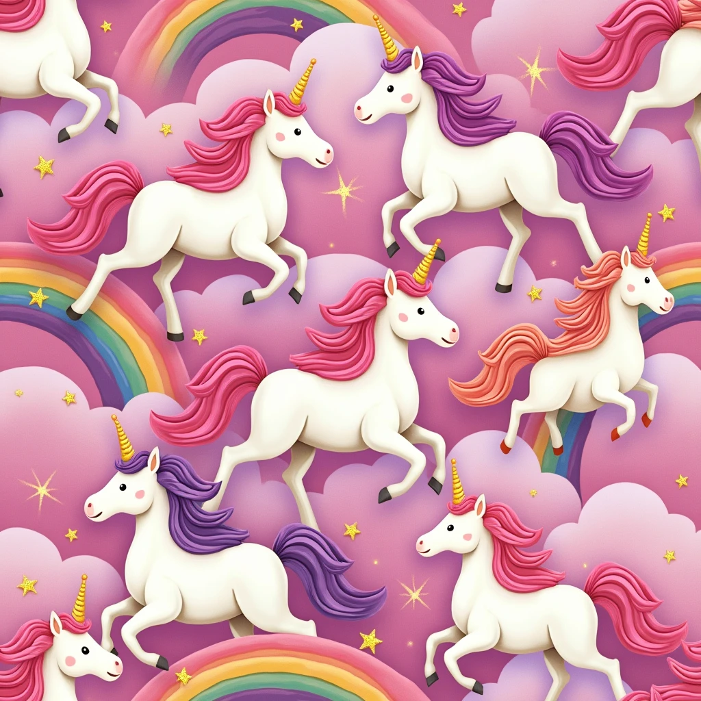 Printing pattern，Pink background, Unicorns and rainbows pattern，Rich details，Smooth lines，Splicing