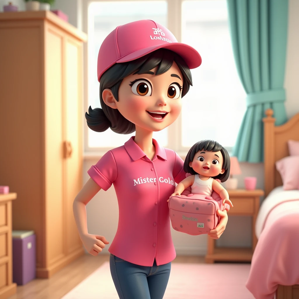 3D cartoon, HD, a Chinese woman as a laundry courier, wearing a pink shirt with text logo MISTER LONDRE no image just text, carrying a doll , the title says CUCI BEDCOVER , long shoot , background in bedroom
