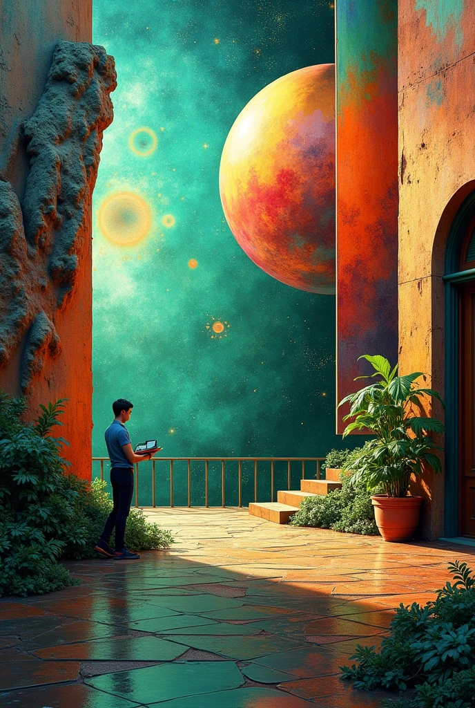 crea una Image abstracta con estilo de pintura en lienzo que englobe la cultura, until, design, untilsanía, Image, artist, obra y público que también refleje la innovación en el until moderno y clásico, Add glitter and star details, Mediterranean type but futuristic without faces and galaxy type uses green tones and looks like clay texture.