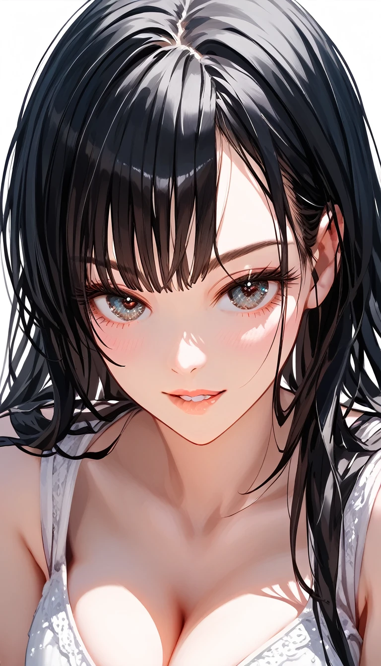 (best quality), beautiful woman, close up face, biting lips, detailed eyes, beautiful eyes, eyelashes, black hair, bangs, long hair, bend forward to viewer, cleavage, summer dress