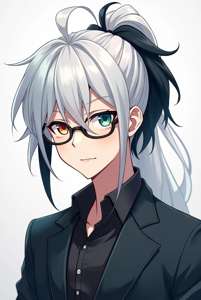 Young man with white hair and black tips and a ponytail and eyes of two different colors and glasses anime version