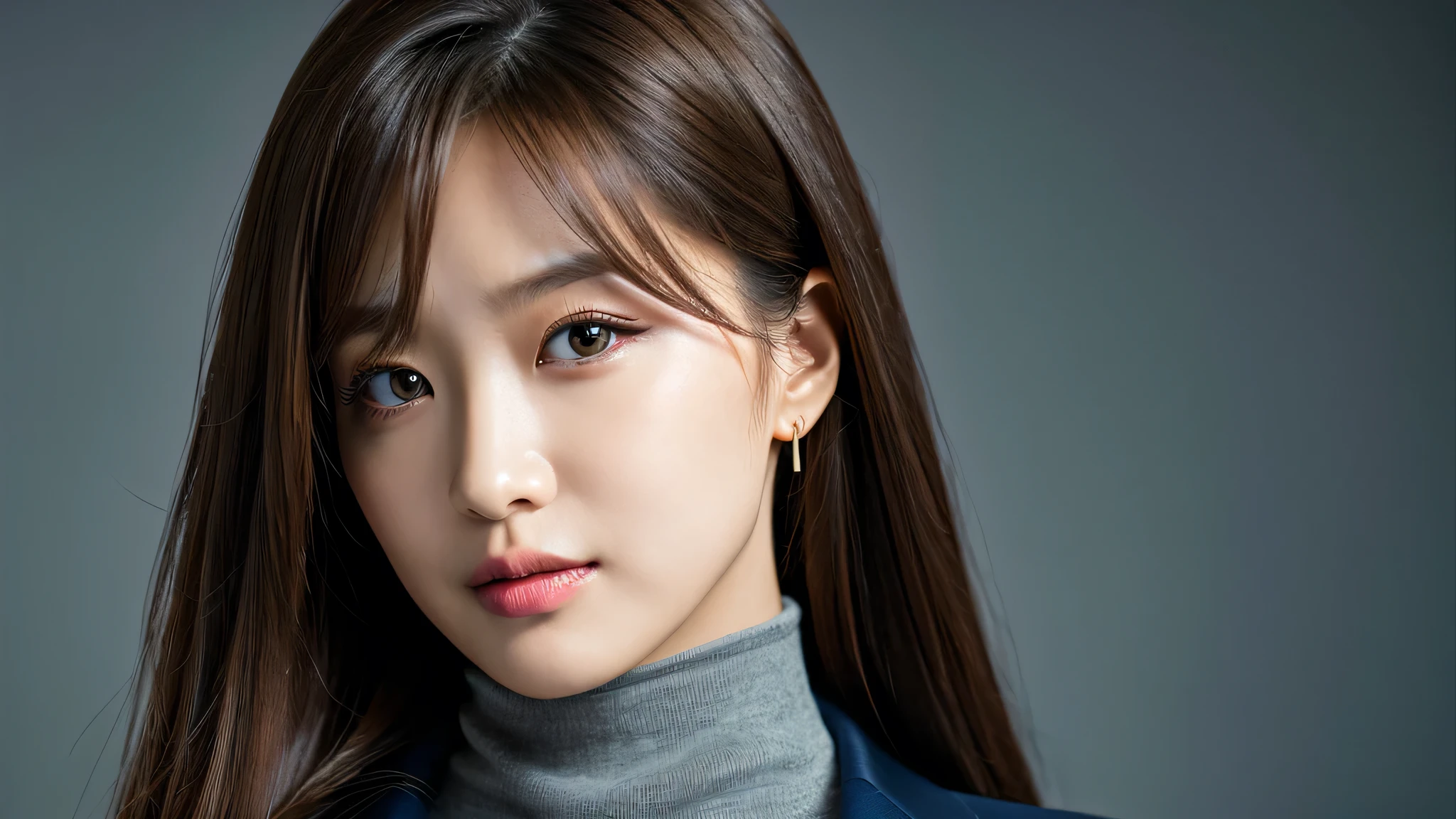 (Detailed face),vivid,turtleneck business suit,4K,Ultra-high resolution,(Photorealistic:1.7),Gray background,Long Hair,