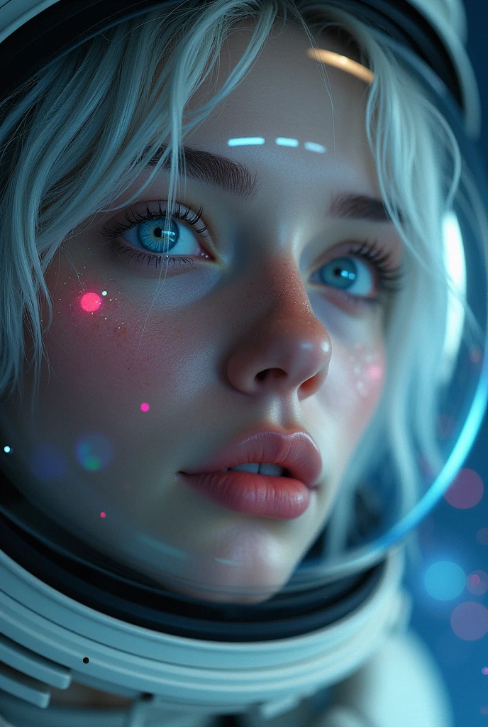 (Close-up of a better masterpiece: 1.5) 0.9], (Space and astronauts: 1.2) (Disheveled silver hair: 1.1) (Xanthochromia heterochromia and blue eyes: 1.2) (space helmet: 1.0) (colorful stars in the eyes: 1.0) (A radiant glow: 1.1) (thick lips: 0.9)