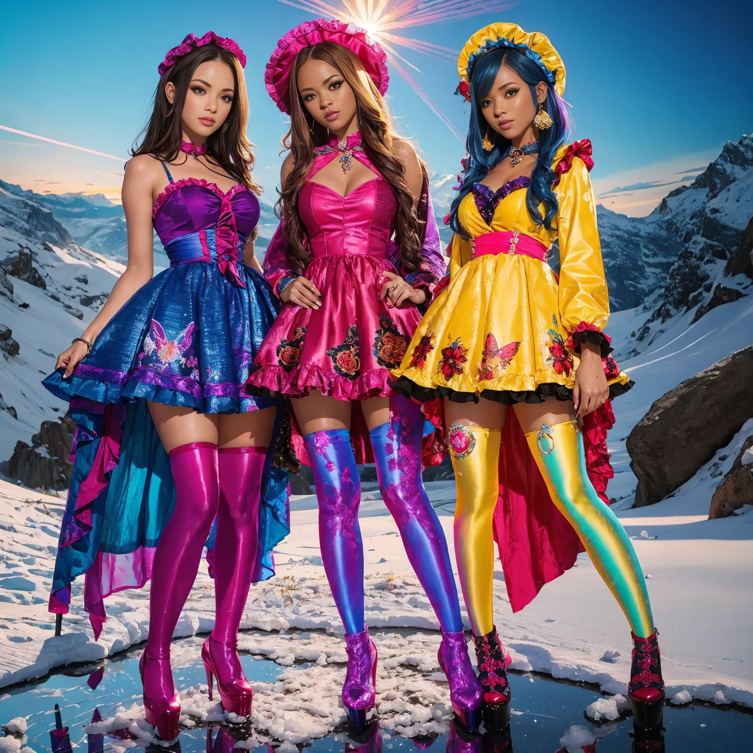 Nine-head body, Group photo, ((multicolored))，Three or more girls，Model figure, long-legged woman, A woman in a luxurious and elaborate ****ta dress, wearing ****ta mary jane shoes with ornate details, patterned tights, standing on a snowy mountain, with reflective skin and reflective clothing, venusbody, full body shot, ray tracing, reflection light, chiaroscuro, UHD, masterpiece, anatomically correct, textured skin, super detail, high quality, 4K, highres