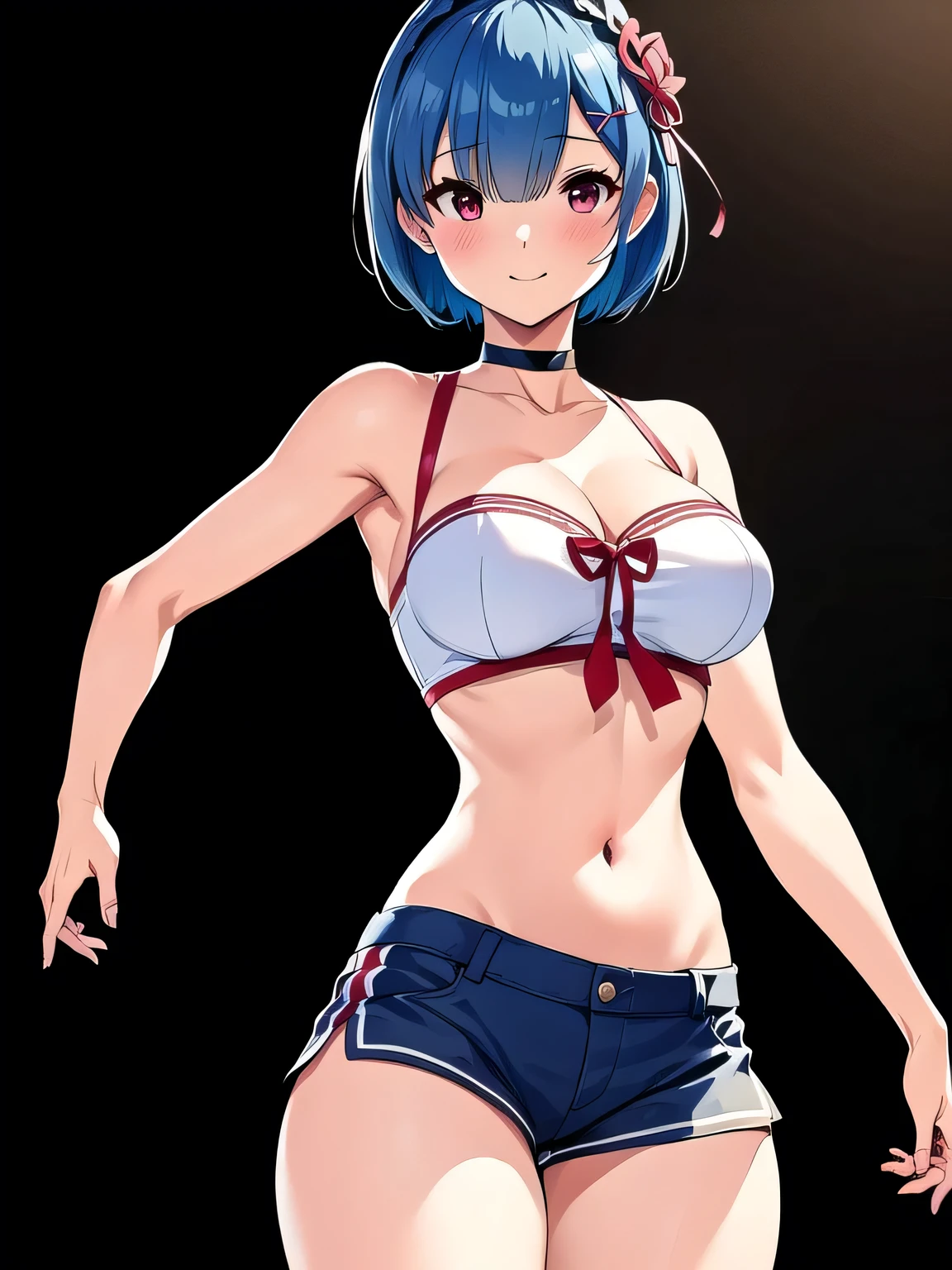 all realistic intricate details, masterpiece, best quality, highres, rem1, 1girl, solo, rem \(re:zero\), blue hair, short hair, red eyes, hair over one eye, ribbon trim, hair ribbon, x hair ornament, frills, crop top white, denim shorts,medium breasts, cleavage, sedection pose , hair flower, outdoor, standing, smile, perfect background, perfect light
