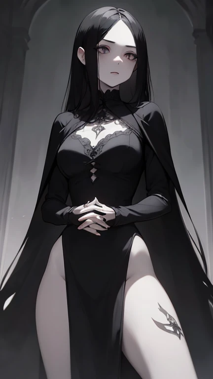 a beautiful pale skinned girl with large dark eyes, long dark hair tied up, wearing a long black dress, dark gothic style, intricate dark jewelry, dramatic lighting, dark and moody, cinematic composition, hyper-detailed, 8k, photorealistic, dark fantasy, high fashion editorial