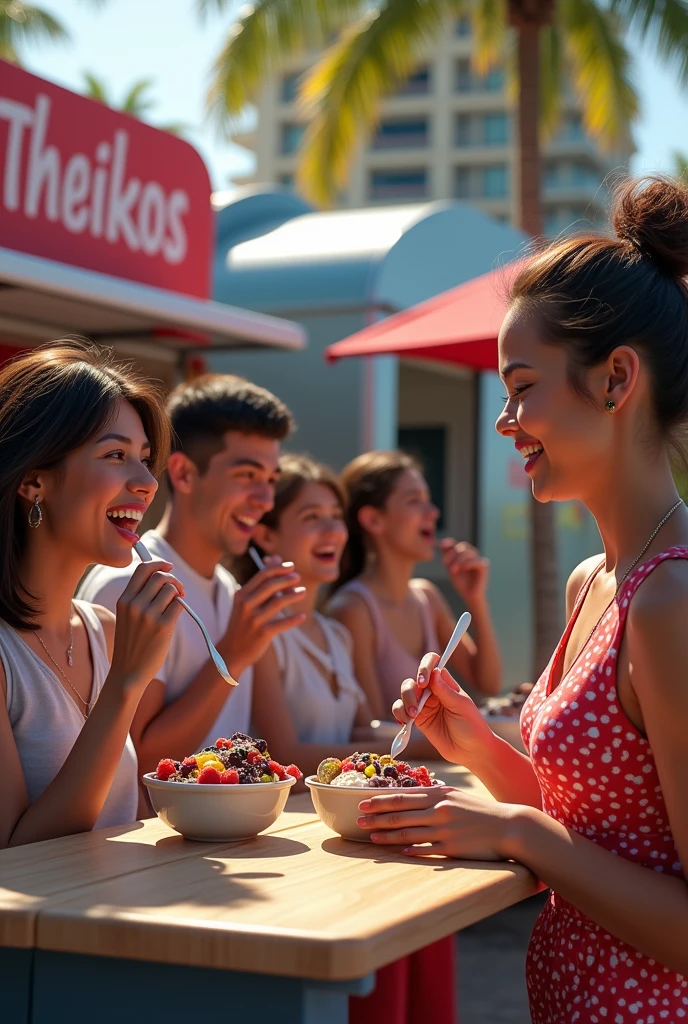 Realistic customers in front of acai trailer named theikos ,eating acai , ultra HD, high qualiy, best qualityer, high resolution, 8k, 16k perfection in the details