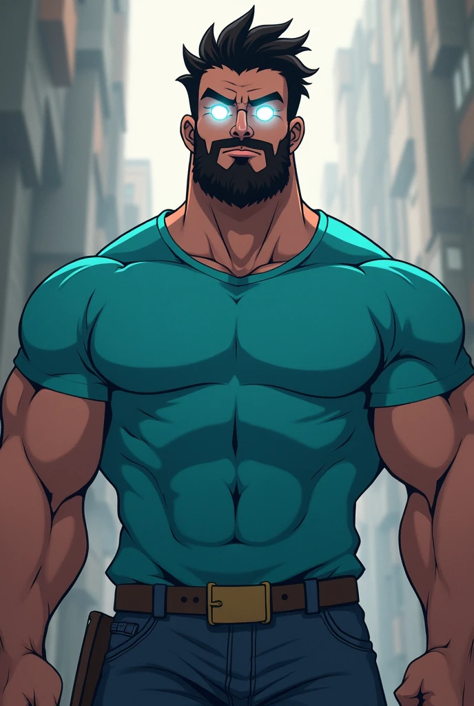 Steve from Minecraft with glowing white eyes dadass , your muscular body , with a light blue anime style shirt, with a shallow beard , and a square body