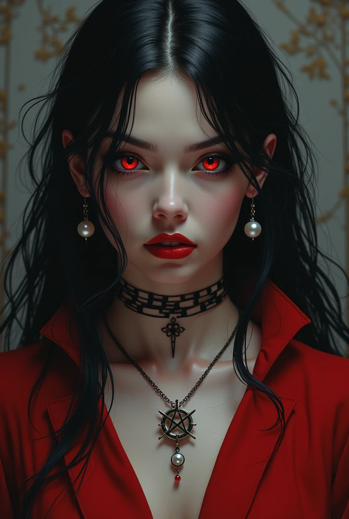 generate a woman, black hair long, Eyes red, Caucasian skin, pentagram necklace, pearl earrings, Red clothing, nails done and painted red