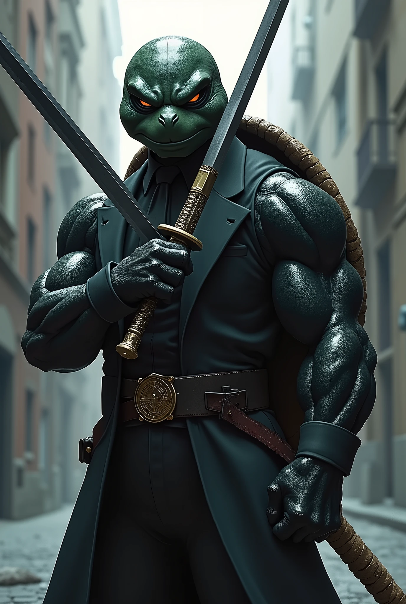 An anime turtle with two swords and a black suit