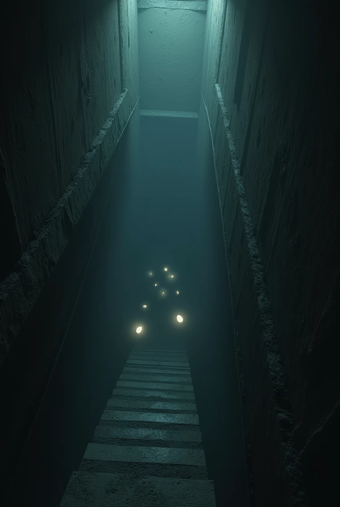 (photorealism:1.2), vision from above before entering a dark basement and with eyes like small lights looking from the bottom